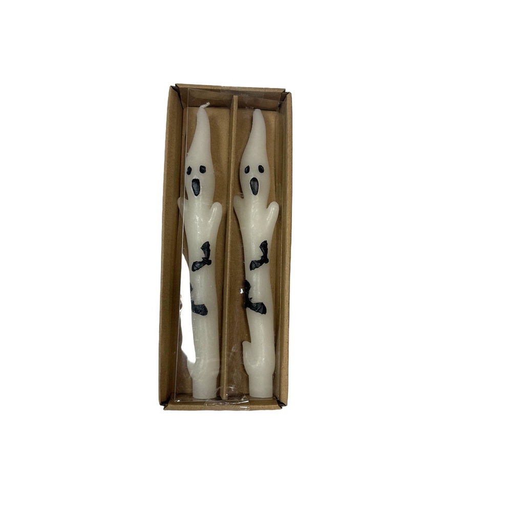 Unscented White & Black Ghost Shaped Taper Candles With Bats Boxed Set/2